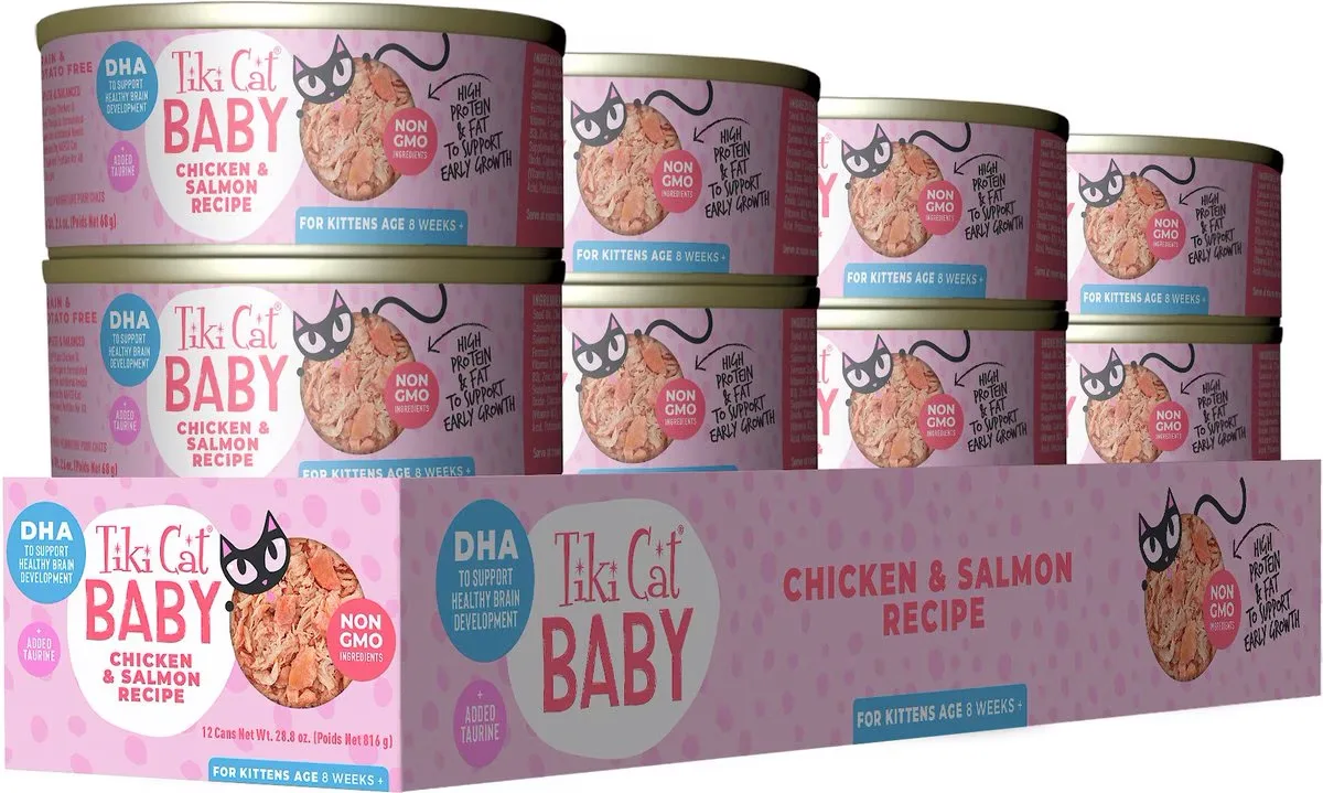 Display Lata para Gatos Tiki Cat Baby Chicken & Salmon Recipe 12 Unidades