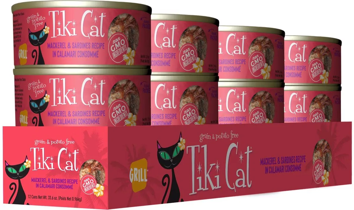 Display Lata para Gatos Tiki Cat Mackerel & Sardina en Calamar Consomé 12 Unidades