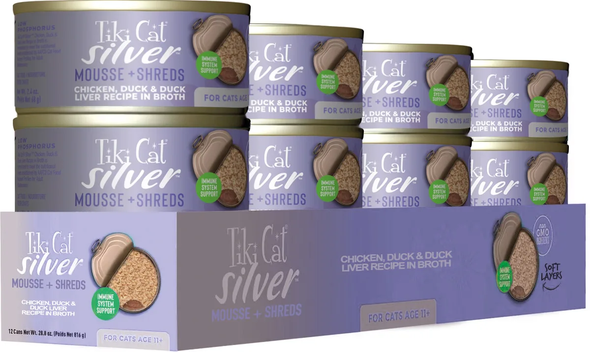 Display Lata para Gatos Tiki Cat Silver Mousse Shreds Chicken & Duck 12 Unidades