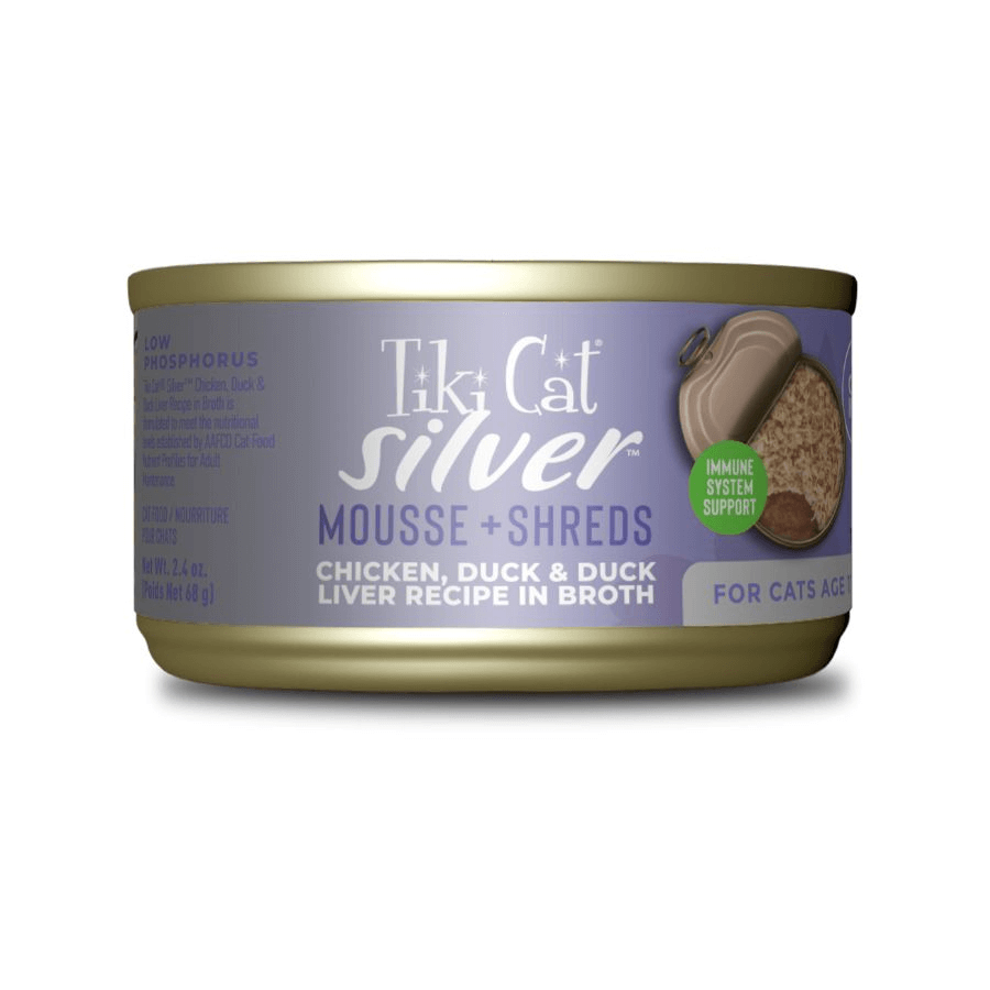 Lata Tiki Cat Senior Silver Mousse Shreds Chicken and Duck