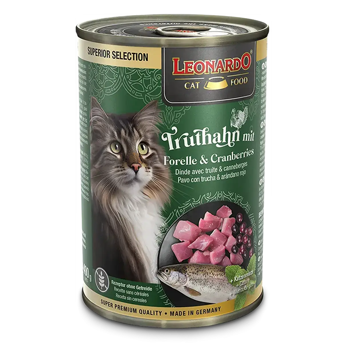 Lata Leonardo Gato Superior Selection Pavo Trucha y Arándanos