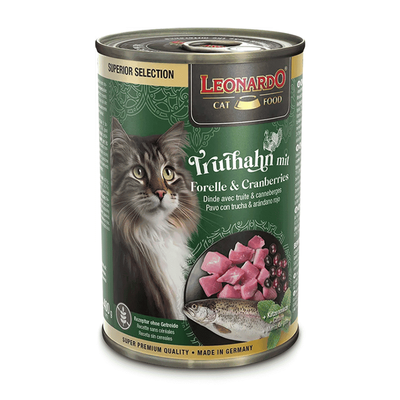 Lata Leonardo Gato Super Premium Pavo & Trucha con Arándanos – x6 Unidades