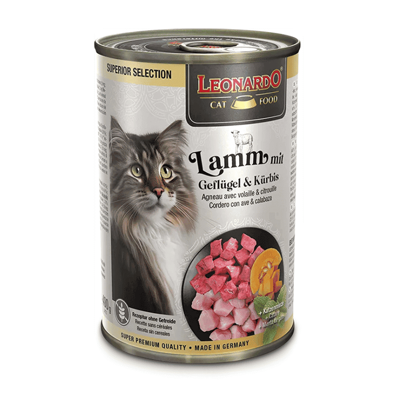Lata Leonardo Gato Super Premium Cordero Ave y Calabaza x6 Unidades