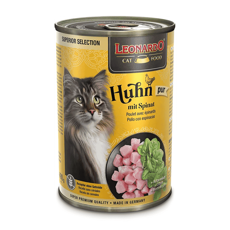 Lata Leonardo Gato Super Premium Pollo y Espinacas x6 Unidades