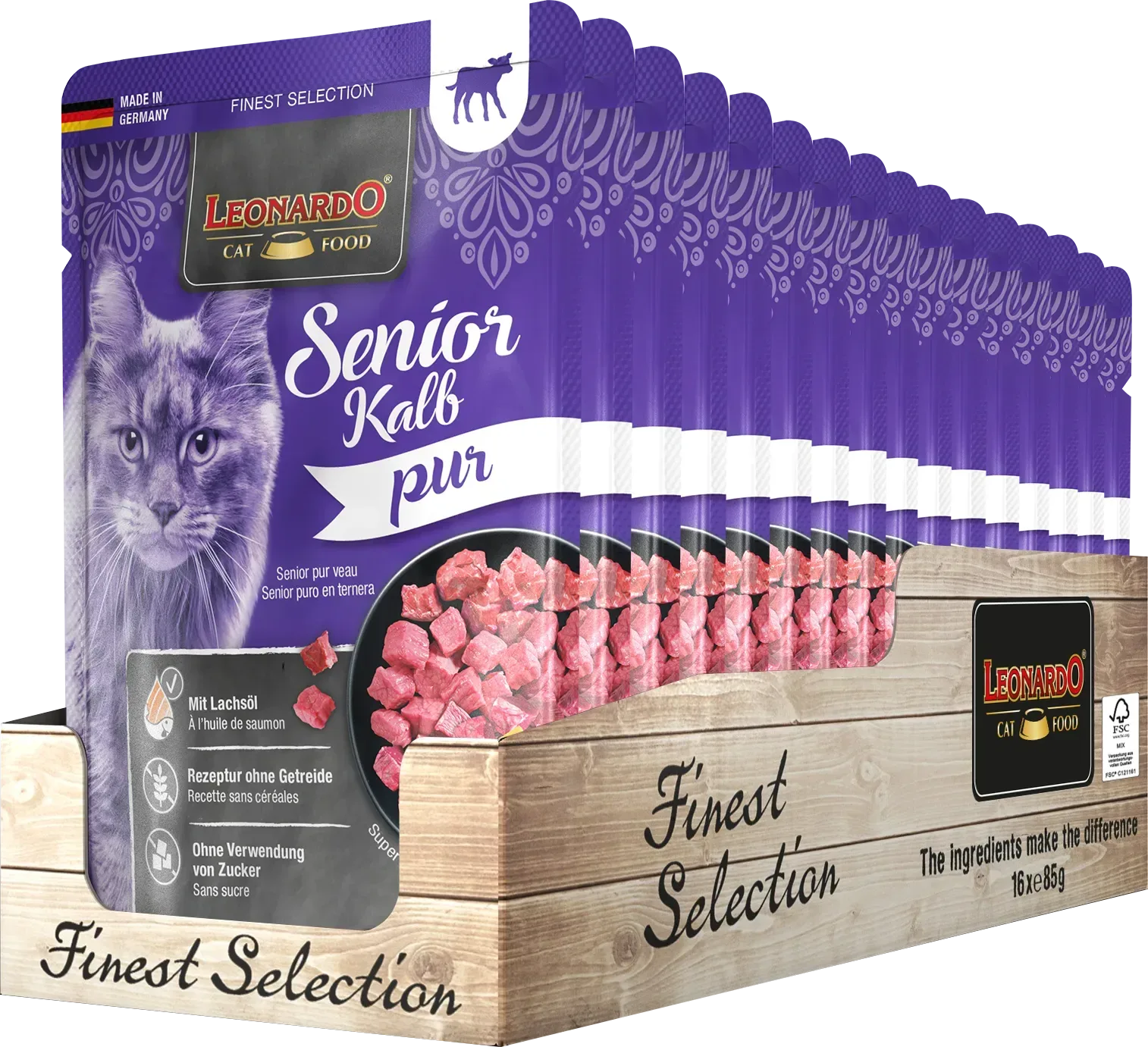 Caja Sachet Leonardo Gato Senior Ternera 85 Gr 16 Unidades